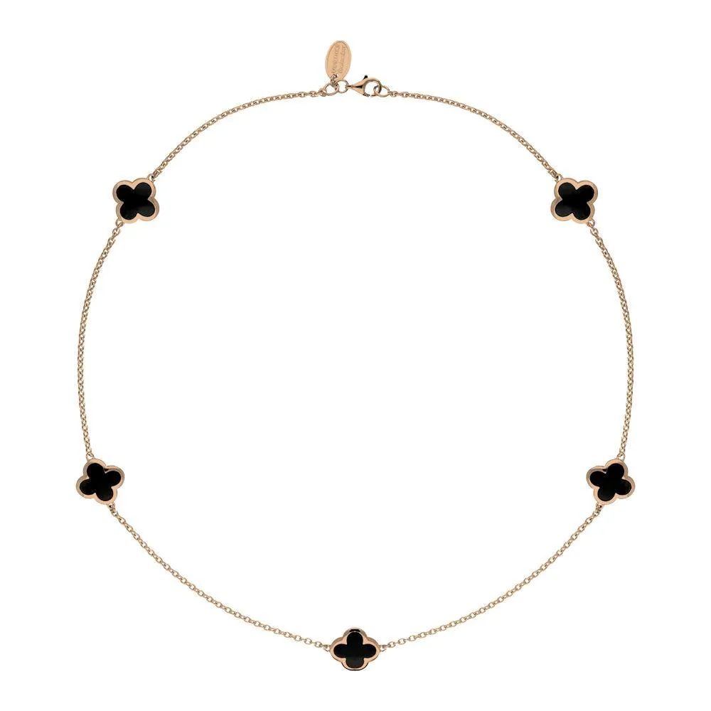 18ct Rose Gold Whitby Jet Bloom Four Leaf Clover Necklace