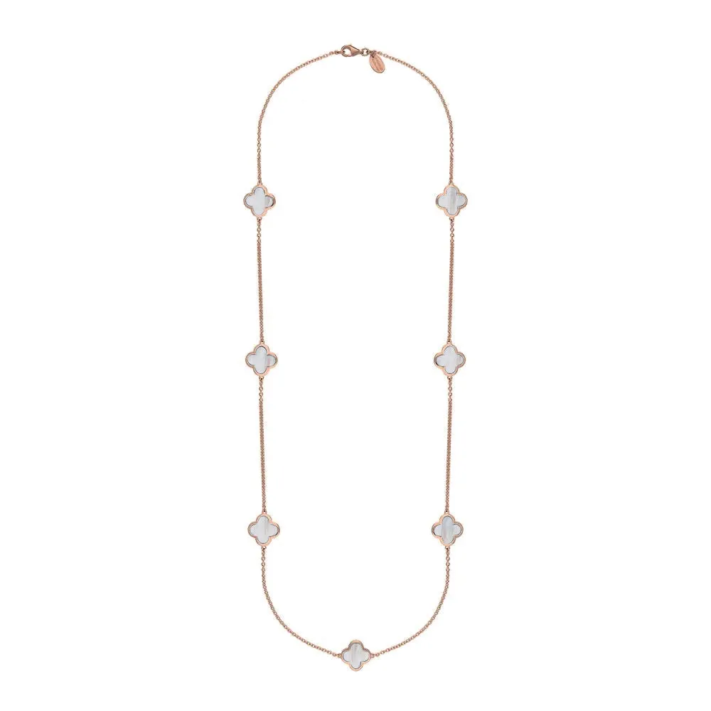 18ct Rose Gold White Mother of Pearl Bloom Four Leaf Clover Long Necklace
