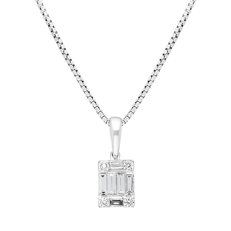 18ct White Gold 0.39ct Diamond Baguette Round Brilliant Cut Cluster Pendant