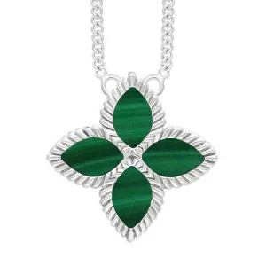 18ct White Gold Malachite Eden Large Marquise Flower Necklace