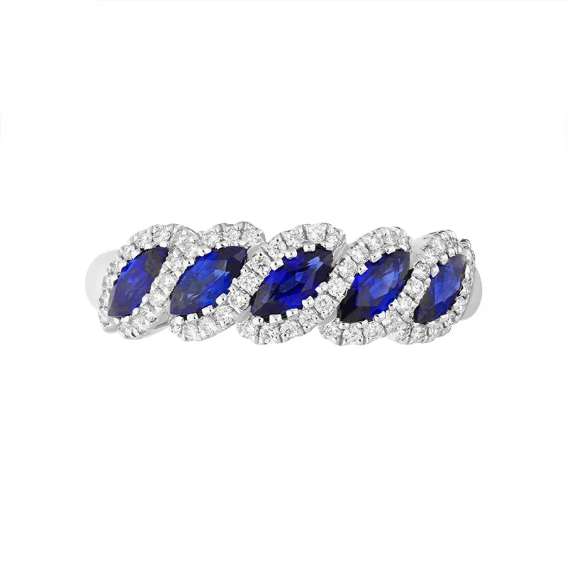 18ct White Gold Sapphire Diamond Marquise Five Stone Half Eternity Ring