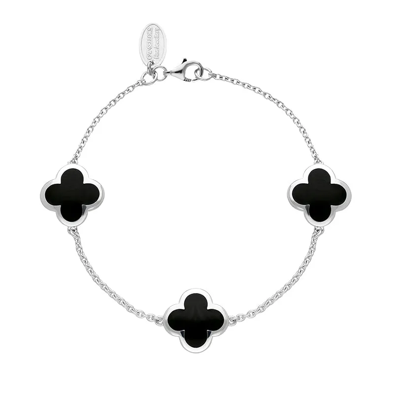 18ct White Gold Whitby Jet Bloom Four Leaf Clover Chain Bracelet