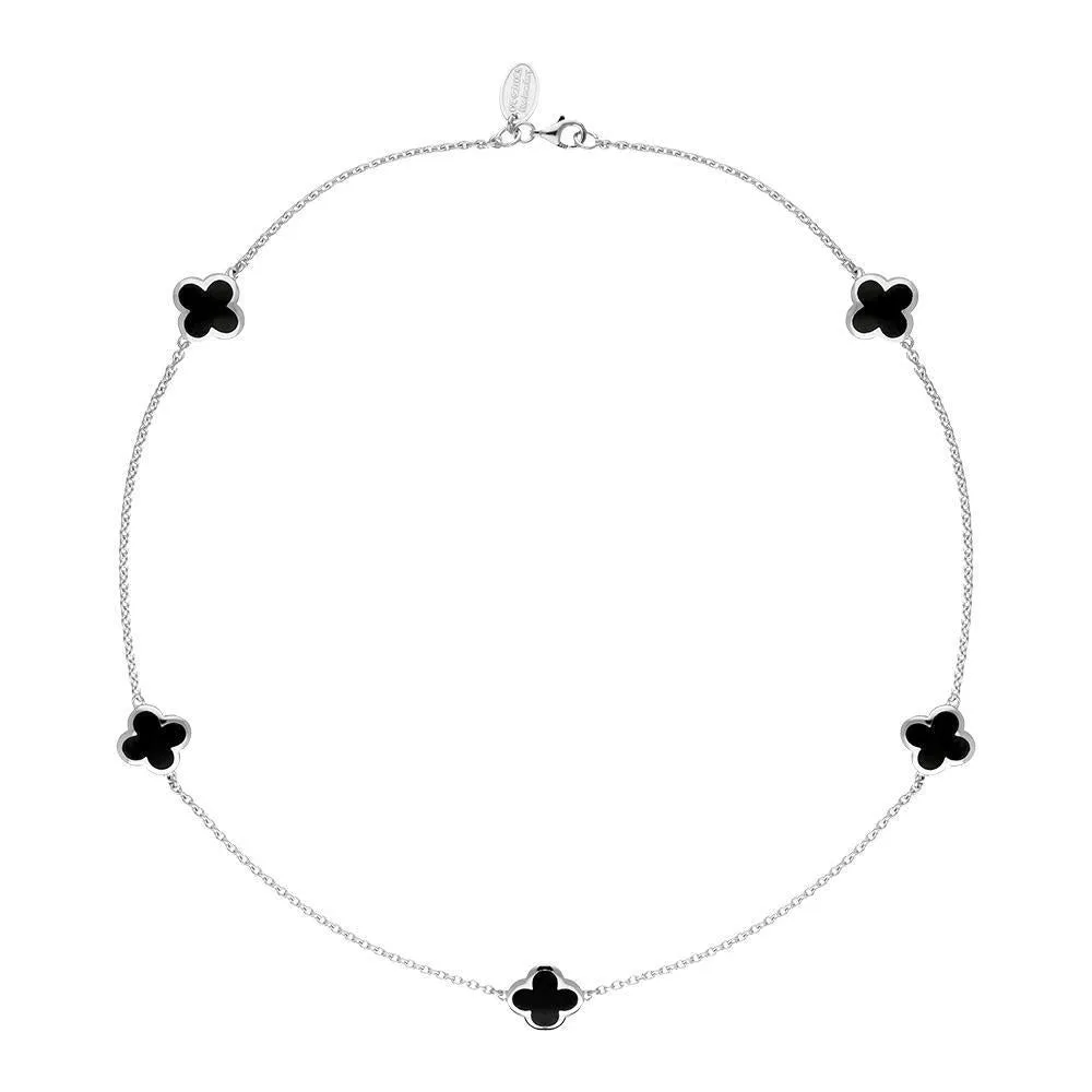 18ct White Gold Whitby Jet Bloom Four Leaf Clover Necklace