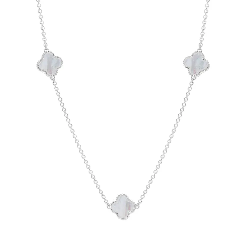 18ct White Gold White Mother of Pearl Bloom Four Leaf Clover Ball Edge Necklace