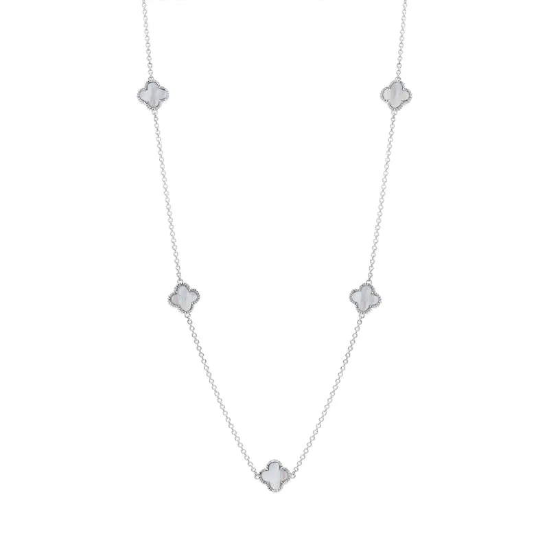 18ct White Gold White Mother of Pearl Bloom Four Leaf Clover Ball Edge Necklace