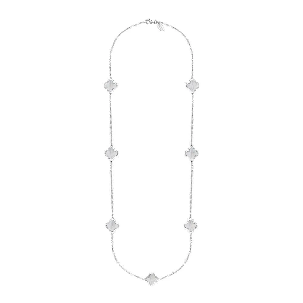 18ct White Gold White Mother of Pearl Bloom Four Leaf Clover Long Necklace