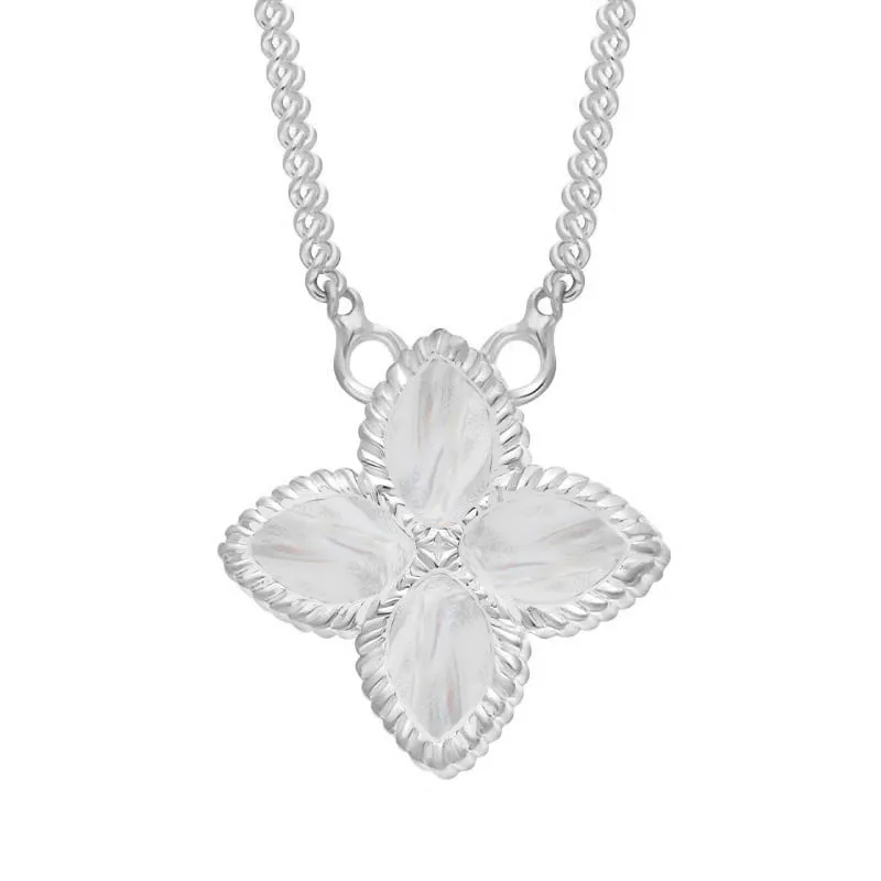 18ct White Gold White Mother of Pearl Eden Small Marquise Flower Necklace