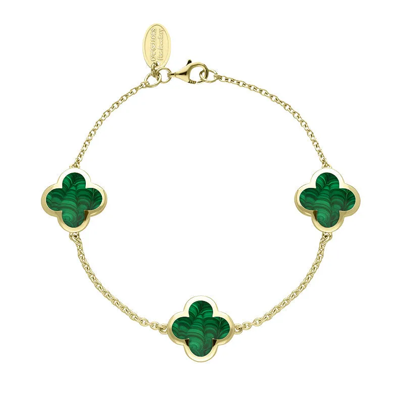 18ct Yellow Gold Malachite Bloom Four Leaf Clover Chain Bracelet