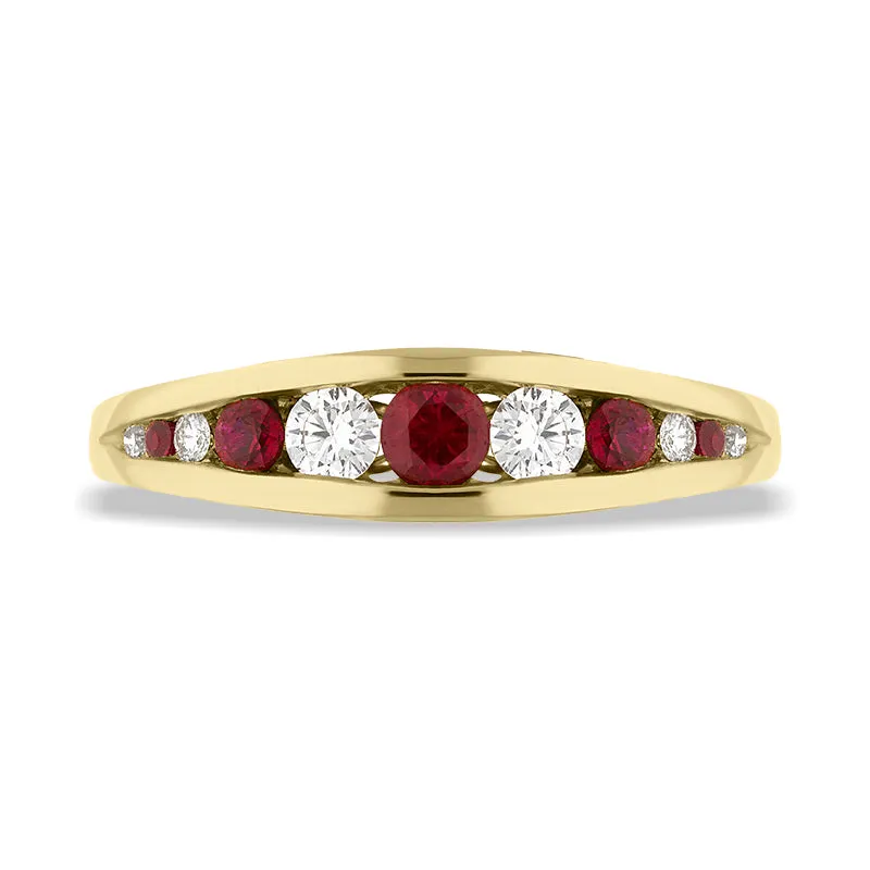 18ct Yellow Gold Ruby Diamond Graduating Half Eternity Ring