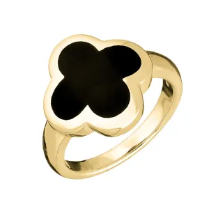 18ct Yellow Gold Whitby Jet Bloom Four Leaf Clover Ring