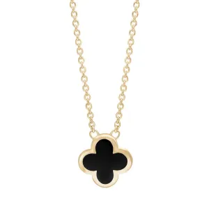 18ct Yellow Gold Whitby Jet Bloom Small Four Leaf Clover Polished Edge Pendant
