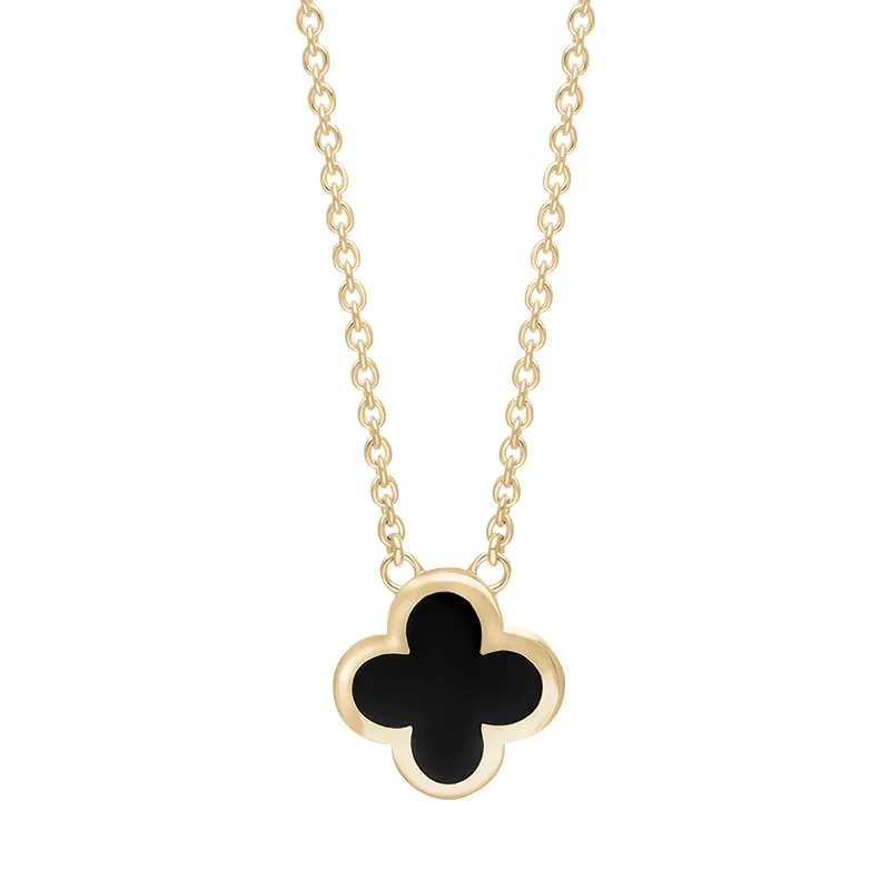 18ct Yellow Gold Whitby Jet Bloom Small Four Leaf Clover Polished Edge Pendant