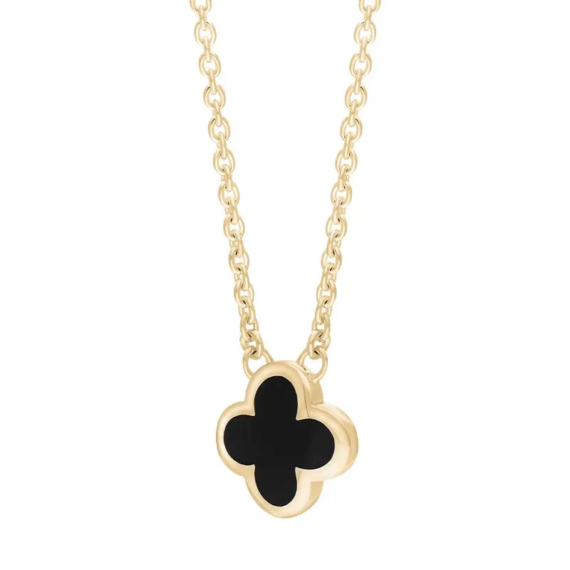 18ct Yellow Gold Whitby Jet Bloom Small Four Leaf Clover Polished Edge Pendant