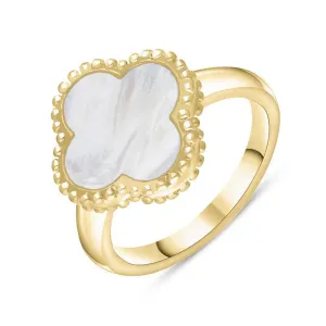 18ct Yellow Gold White Mother of Pearl Bloom Four Leaf Clover Ball Edge Ring