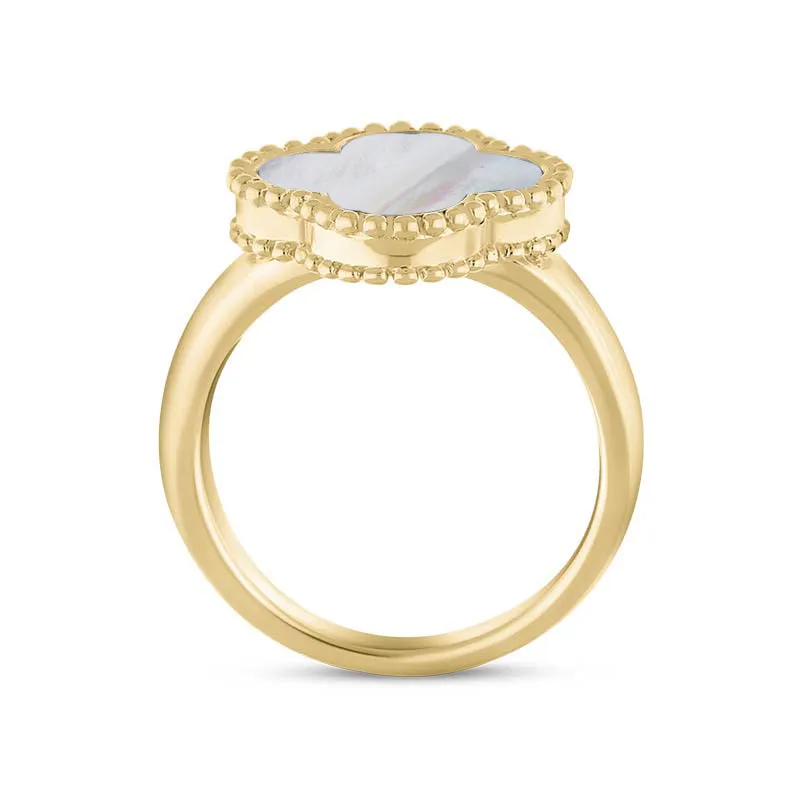 18ct Yellow Gold White Mother of Pearl Bloom Four Leaf Clover Ball Edge Ring