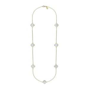 18ct Yellow Gold White Mother of Pearl Bloom Four Leaf Clover Long Necklace