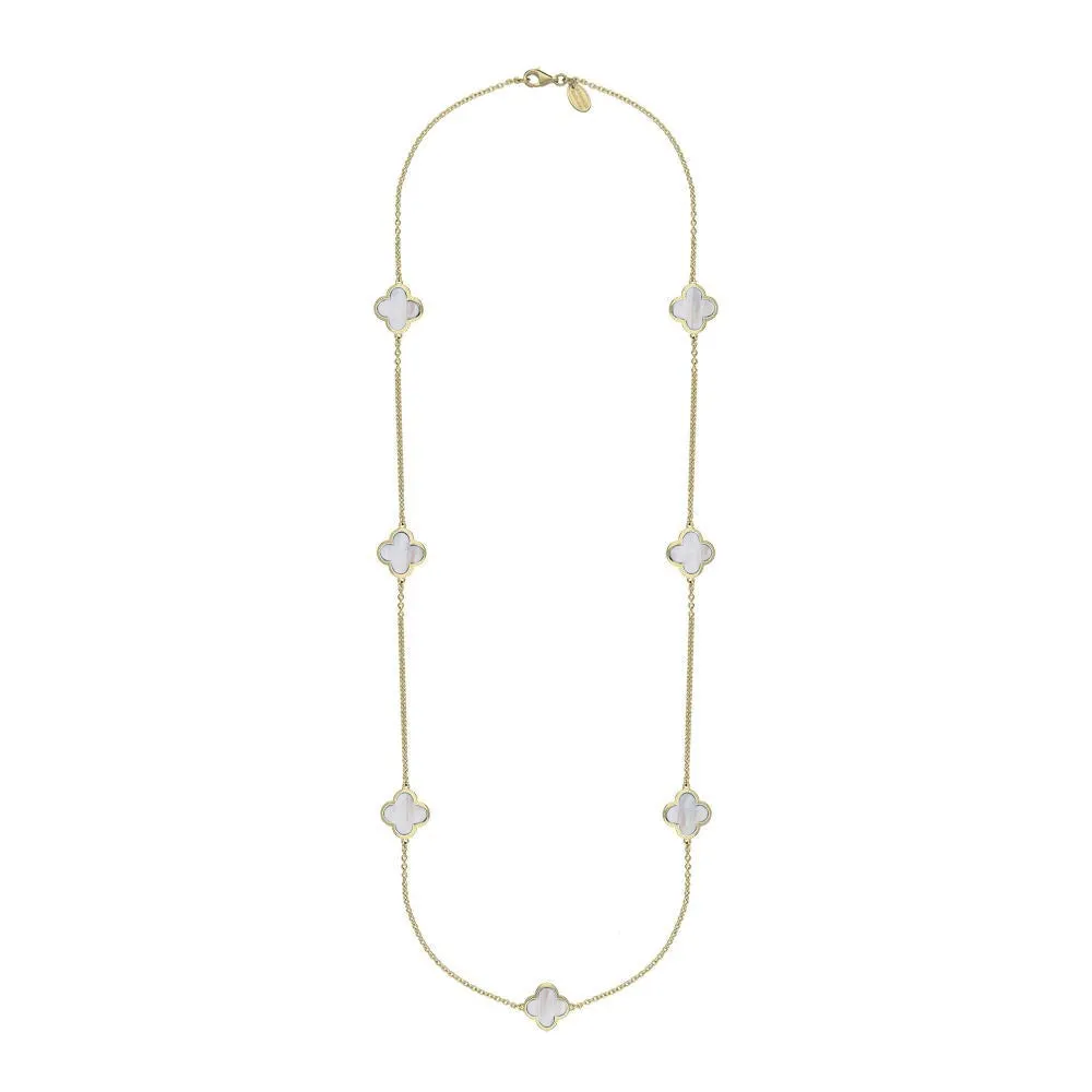 18ct Yellow Gold White Mother of Pearl Bloom Four Leaf Clover Long Necklace