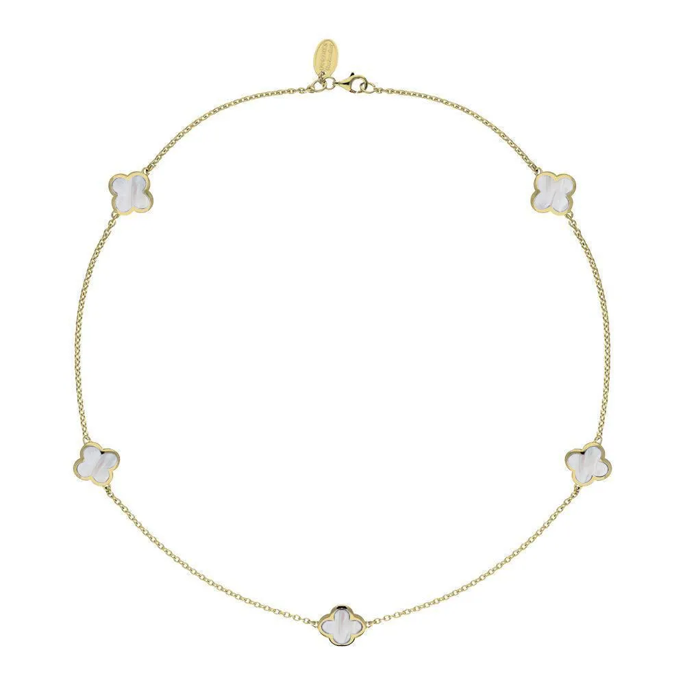18ct Yellow Gold White Mother of Pearl Bloom Four Leaf Clover Necklace