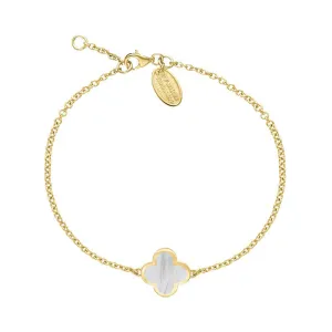 18ct Yellow Gold White Mother of Pearl Bloom Four Leaf Clover Polished Edge Bracelet