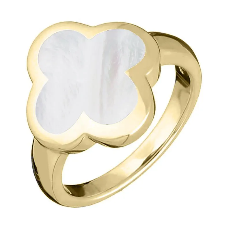 18ct Yellow Gold White Mother of Pearl Bloom Four Leaf Clover Ring