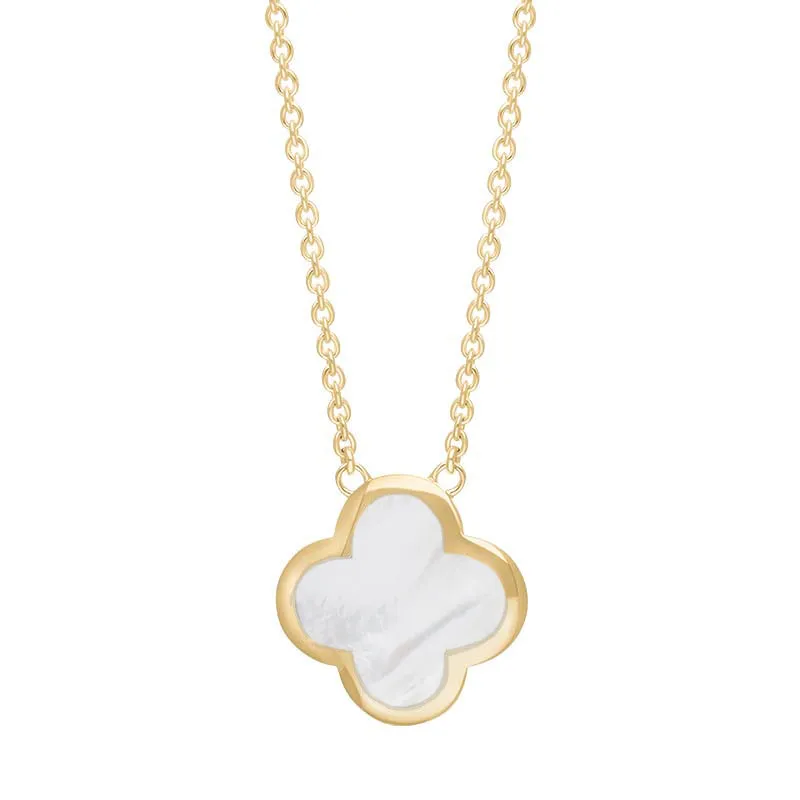 18ct Yellow Gold White Mother of Pearl Bloom Large Four Leaf Clover Polished Edge Pendant