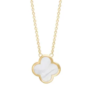 18ct Yellow Gold White Mother of Pearl Bloom Large Four Leaf Clover Polished Edge Pendant