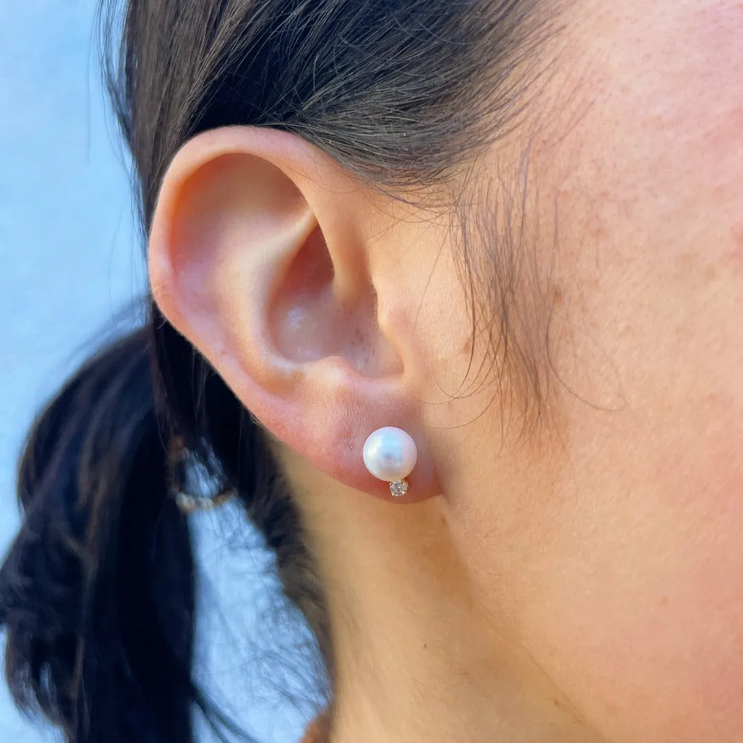 7mm A Akoya Pearl & Diamond 14K Yellow Gold Stud Earrings Croghans