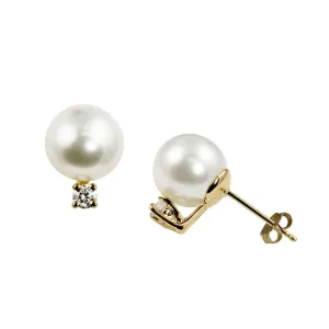 7mm A Akoya Pearl & Diamond 14K Yellow Gold Stud Earrings Croghans