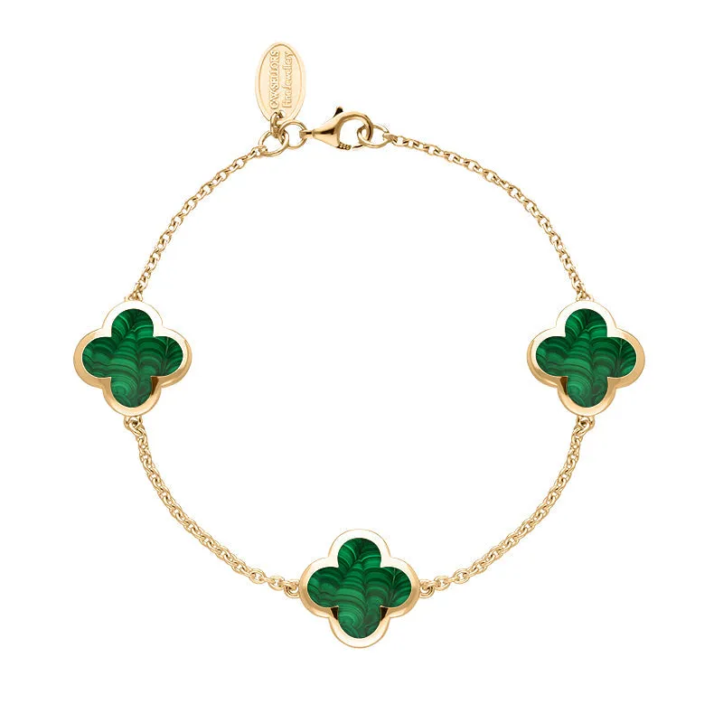 9ct Rose Gold Malachite Bloom Four Leaf Clover Chain Bracelet