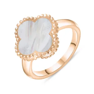9ct Rose Gold White Mother of Pearl Bloom Four Leaf Clover Ball Edge Ring