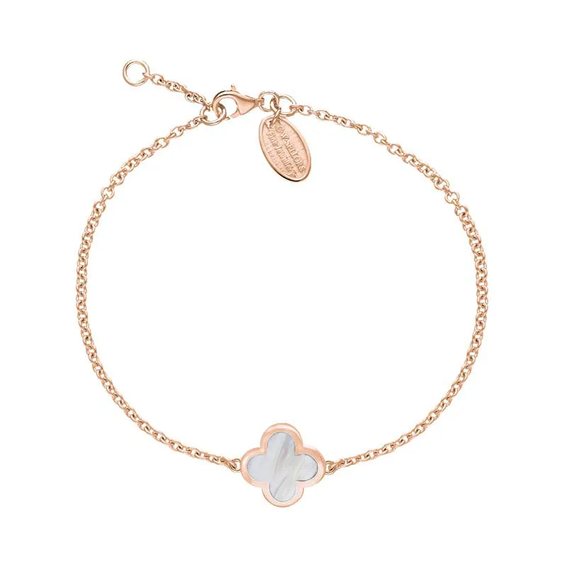 9ct Rose Gold White Mother of Pearl Bloom Four Leaf Clover Polished Edge Bracelet