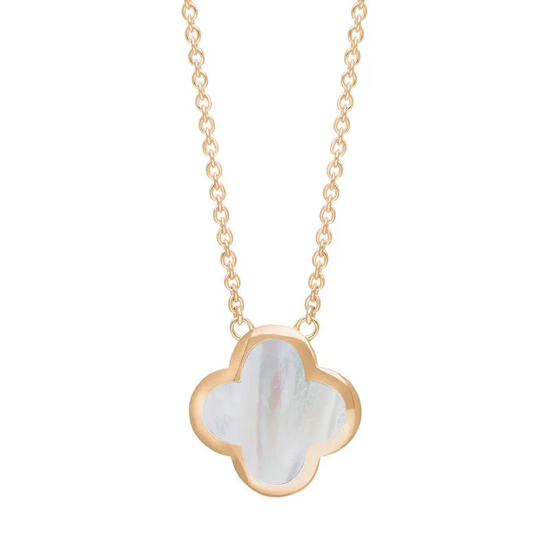 9ct Rose Gold White Mother of Pearl Bloom Large Four Leaf Clover Polished Edge Pendant