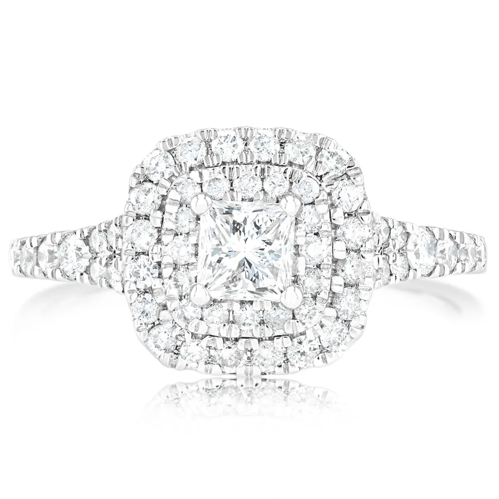 9ct White Gold 1 Carat Princess Diamond Solitaire Ring with Brilliant Halo and Sides Shiels