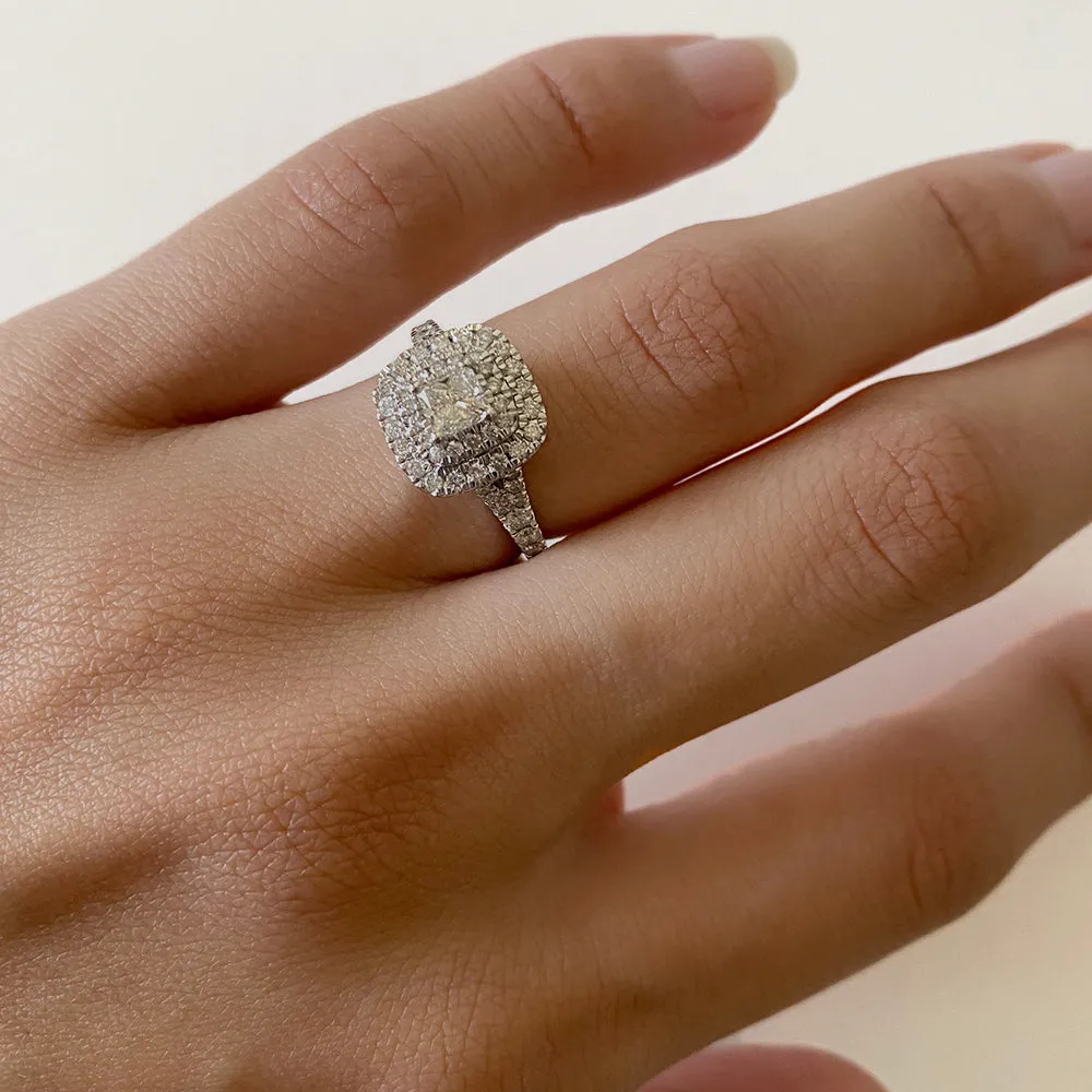 9ct White Gold 1 Carat Princess Diamond Solitaire Ring with Brilliant Halo and Sides Shiels