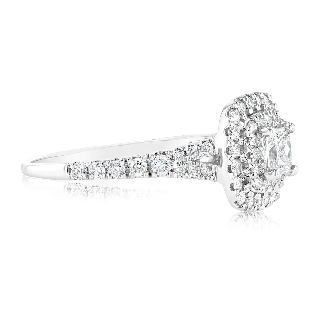 9ct White Gold 1 Carat Princess Diamond Solitaire Ring with Brilliant Halo and Sides Shiels
