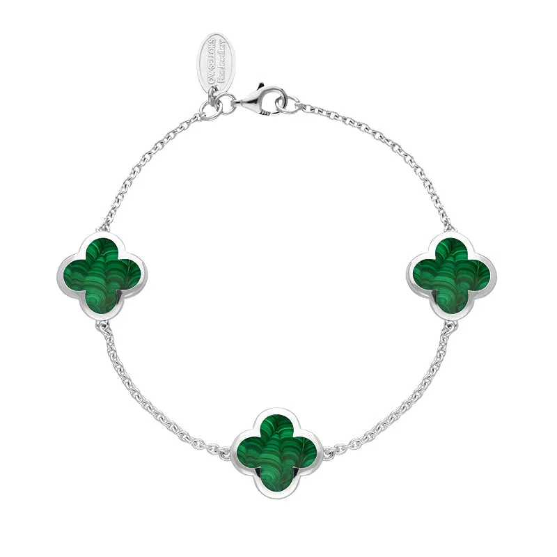 9ct White Gold Malachite Bloom Four Leaf Clover Chain Bracelet