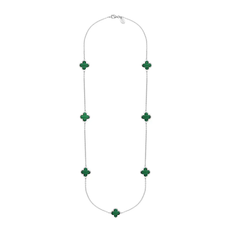 9ct White Gold Malachite Bloom Four Leaf Clover Long Necklace