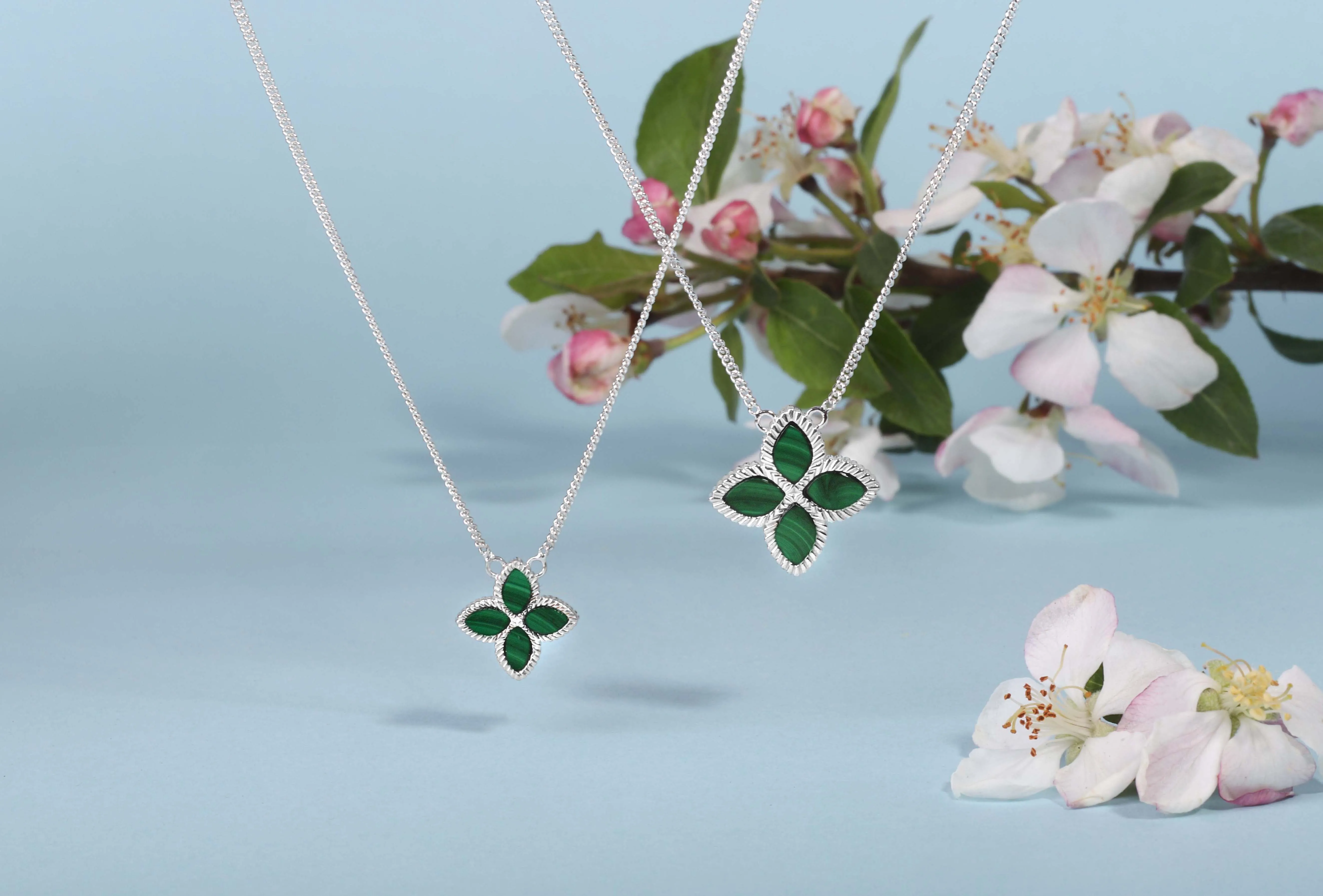 9ct White Gold Malachite Eden Small Marquise Flower Necklace