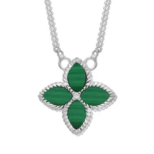 9ct White Gold Malachite Eden Small Marquise Flower Necklace