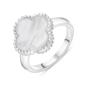 9ct White Gold White Mother of Pearl Bloom Four Leaf Clover Ball Edge Ring