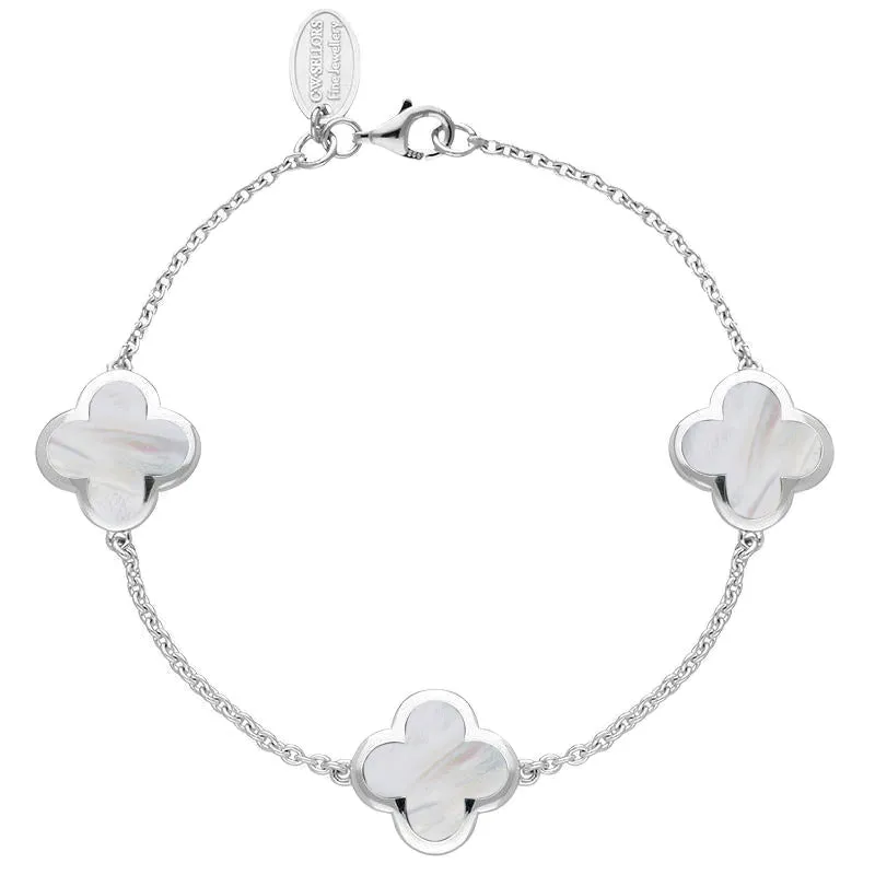 9ct White Gold White Mother of Pearl  Bloom Four Leaf Clover Chain Bracelet