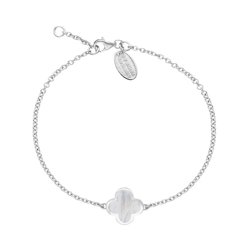 9ct White Gold White Mother of Pearl Bloom Four Leaf Clover Polished Edge Bracelet