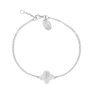9ct White Gold White Mother of Pearl Bloom Four Leaf Clover Polished Edge Bracelet