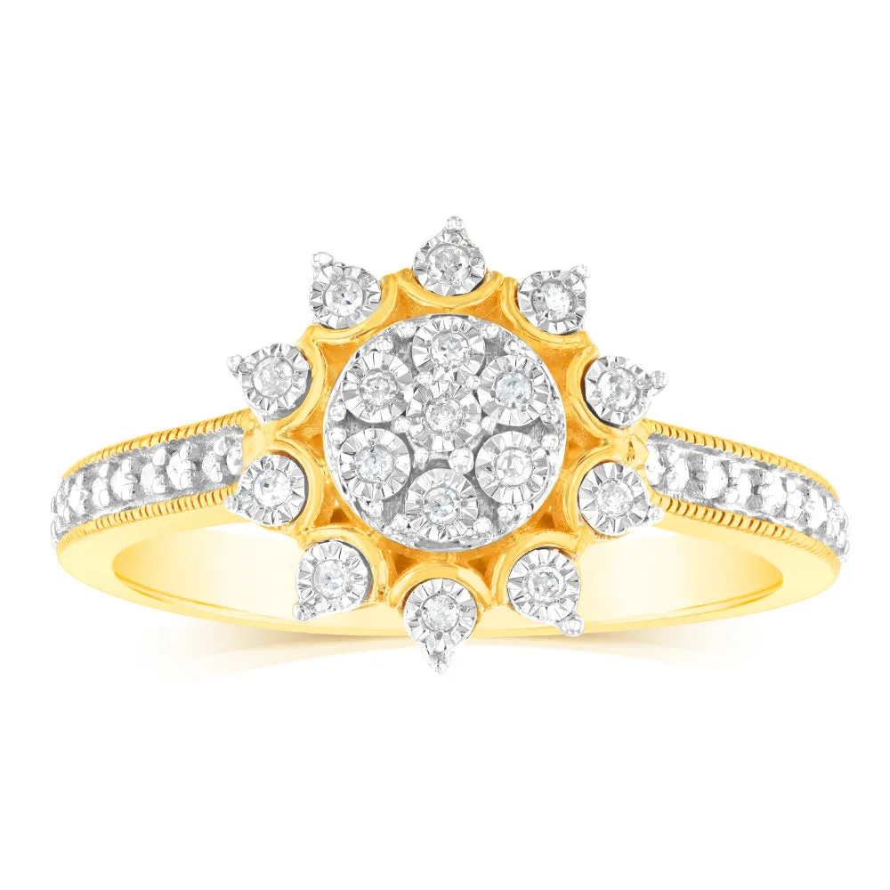 9ct Yellow Gold 1/10 Carat Diamond Cluster Ring with 27 Round Brilliant Diamonds Shiels
