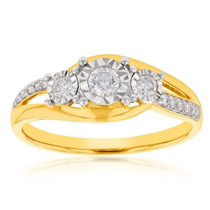 9ct Yellow Gold 1/4 Carat Diamond Trilogy Ring both Shiels