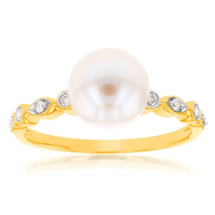 9ct Yellow Gold Freshwater Pearl and Diamond Ring Shiels