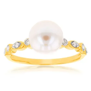9ct Yellow Gold Freshwater Pearl and Diamond Ring Shiels