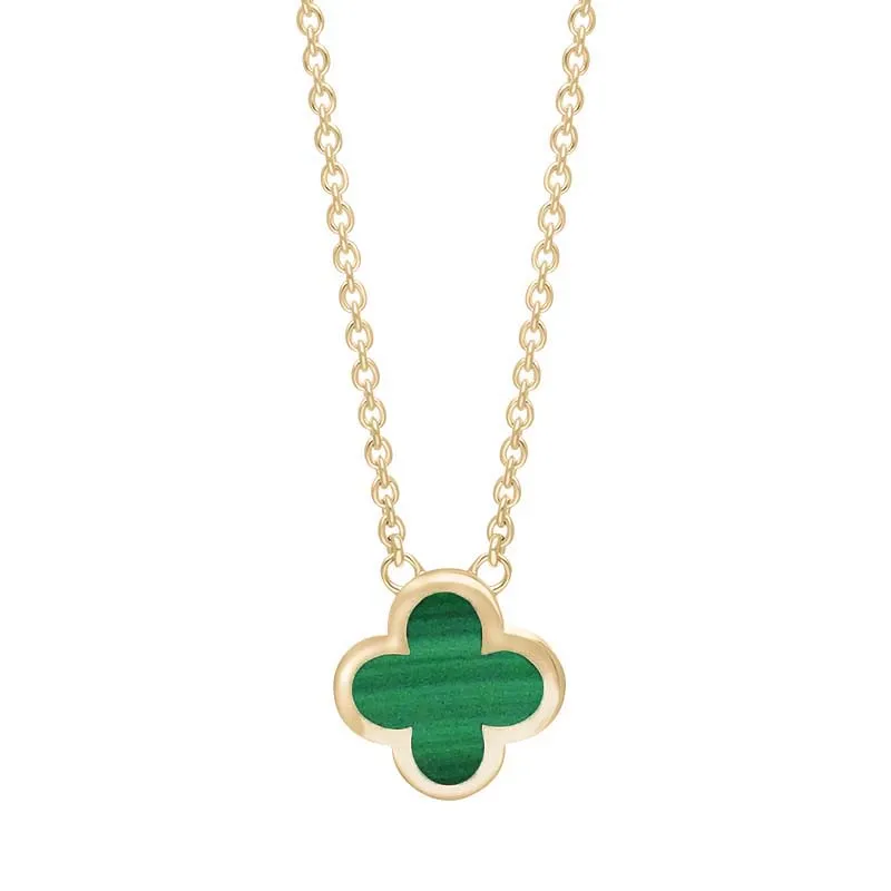 9ct Yellow Gold Malachite Bloom Small Four Leaf Clover Polished Edge Pendant