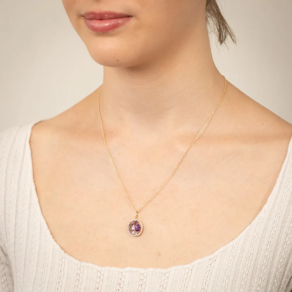 9ct Yellow Gold Natural Amethyst Pink Amethyst And Diamond Pendant On Chain Shiels