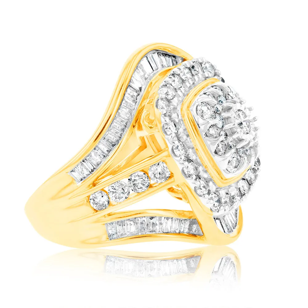 9ct Yellow Gold "3 Carats Look" TW 2 Carat Diamond Ring with Brilliant and Tapered Baguette Diamonds Shiels